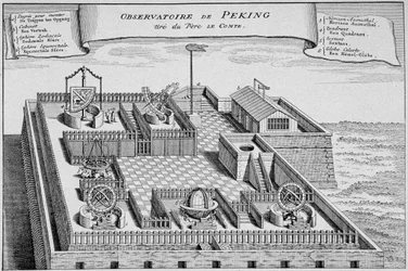 Antiguo observatorio chino en Pekín - basado en un grabado en cobre de "La Historia de los Viajes" de 1747