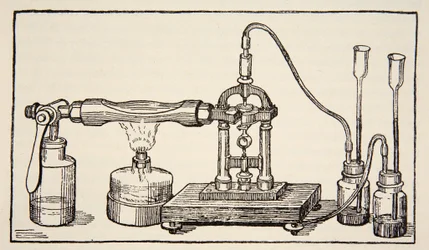 Espejo giratorio de Foucault para la medición de la velocidad de la luz, copia de Boris Mestchersky (d.1957) ilustración de Histoire de la Nation Francaise, Sciences, Volúmenes I y II, por Gabriel Hanotaux
