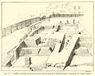 Excavaciones en el Palacio de Justicia en 1848, en el patio de la Sainte-Chapelle, dibujo de M Albert Lenoir