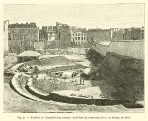 Excavaciones del anfiteatro romano encontrado durante la apertura de la rue Monge, en 1869