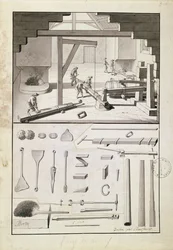 Fundición, dibujo para la Description des Arts et Métiers, por L. Simonneau, que inspiró a Diderot para la Encyclopédie