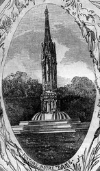 Fuente de París: vista de la Fuente de la Virgen (Fuente de Notre Dame) (circa 1845). Grabado en "Le Monde Illustré" n°254 del 22 de febrero