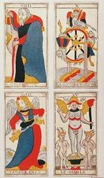 Cuatro cartas del tarot que representan El Ermitaño, La Rueda de la Fortuna, La Templanza y El Diablo