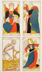 Cuatro cartas del tarot que representan la Justicia, la Templanza, la Muerte y el Ermitaño