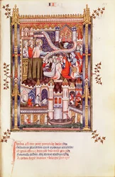 San Denis predicando a los parisinos que rompen sus ídolos paganos, de la Vie de St. Denis, 1317
