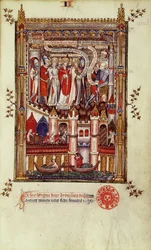 El primer interrogatorio de San Denis y sus compañeros por Sisinnius, de la Vie de St. Denis, 1317