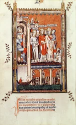 Sisinnius mostrando los cuerpos de otros mártires a San Denis y sus compañeros, de la Vie de St. Denis, 1317