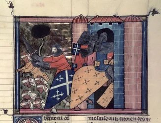 Fr 22495 fol.115r Cruzados montados luchando contra los sarracenos en c.1185, de Le Roman de Godefroi de Bouillon
