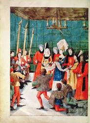 Fr 2692 f.70v La Reina presentando el premio para un torneo de justas, de Livre des Tournois de René d