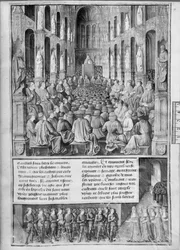 Fr 5594 fol.19 Cómo el Papa Urbano II (1042-99) predicó la reconquista de la Iglesia del Santo Sepulcro en el Concilio de Clermont-Ferrand, ilustración de Les Passages d