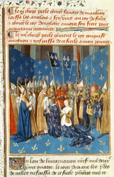 Fr 6465 f. 247v Coronación de Luis VIII (1187-1226) y Blanca de Castilla en Reims en presencia del rey de Jerusalén