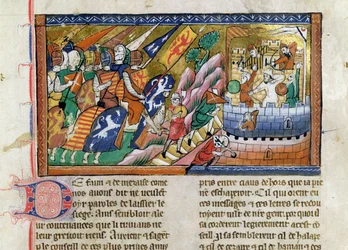 Fr 9084 f.53 Ejército inglés atacando un castillo, de la "Chronique de Guillaume de Tyr" (vitela).
