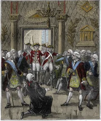 Masonería en el Hôtel de Soissons de París en junio de 1745: ceremonia masónica interrumpida por la llegada de un comisario de policía. Grabado en « Paris à travers les siècles », Gourdon de Kenouillac, 1880.