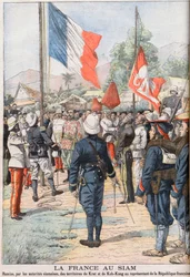 Francia tomando los territorios de Krat y Koh-Kong, Siam después del Tratado de 1904 acordado entre los siameses y los franceses, ilustración de 