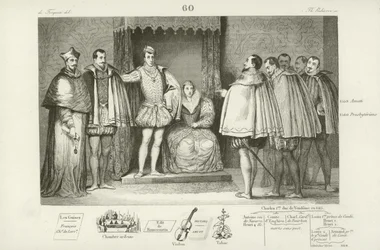 Francisco II de Francia informando a los diputados del parlamento que ha elegido a sus tíos, el duque de Guisa y Carlos, cardenal de Lorena, para gobernar por él, 1559