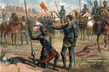 Francisco I de Francia solicitando ser armado caballero por el Caballero Bayard tras la victoria en la Batalla de Marignano, Italia.