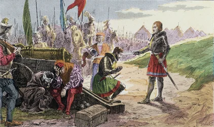 Francisco I, armado caballero por Bayard, en Marignano - Ilustración del siglo XIX