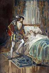 Francisco I, Rey de Francia, recibe los últimos suspiros de Leonardo da Vinci en Clos Lucé. Cromolitografía alrededor de 1890.