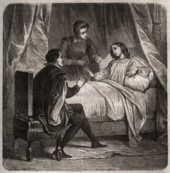 Françoise de Foix, Condesa de Chateaubriant (ca. 1495-1537), enferma, recibe a Clément des Marets dit Marot (1496-1544), el valet de François I, en la cama. Grabado de 1871 en “Histoire Des Cocuses Celebres” de Henry de Kock