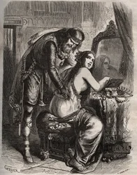 Fredegunda (545-597) toma a su esposo, el rey de los Francos Chilperico I (543-597), por su amante, Landerico. El rey descubre que su esposa lo engaña. Grabado de 1871 en “Histoire Des Cocus Celebres” por Henry de Kock (1819-1892).