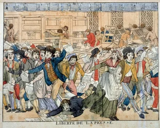 La libertad de prensa durante la Revolución Francesa: Artículo 10 de la Declaración de los Derechos Humanos (26/08/1789). El artículo 10, que prevé la libertad de opinión, da lugar al nacimiento anarquista de la prensa de todo tipo. Grabado del siglo XVIII