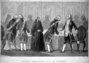 Freemaking: Banquete macónico en un convento. Grabado de "Picturesque Histoire de la Franc Maconnerie et des Societes Secretes antique et modernes" de F.-T. B. Clavel. Pagnerre, editor. 1843.