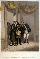 Masonería: Napoleón José Carlos Pablo Bonaparte, apodado príncipe Jérôme o Plonplon, es identificado a la entrada del Templo del Faubourg Saint-Marcel. Grabado de «Picturesque Histoire de la Franc Maconnerie et des Societes Secretes Antique»