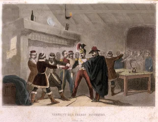 Masonería: el juramento de los hermanos segadores en Potok en 1821. Grabado de "Historia pintoresca de la Francmasonería y de las sociedades secretas antiguas y modernas" por F.-T. B. Clavel. Pagnerre, editor. 1843