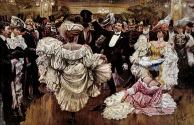 Bailarinas francesas de Cancan durante un espectáculo en un cabaret, principios del siglo XX (impresión)