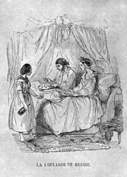 Ilustración francesa de una persona postrada en cama con gota. 1848