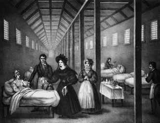 La reina francesa María Amelia visitando un hospital, junio de 1832 (grabado)