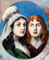 Revolución Francesa - Las heroínas francesas: las hermanas Felicite (1770-1841) y Theophile (1875-1819) de Fernig que lucharon vestidas de hombre contra los austriacos para vigilar a su padre en 1792 - ilustración de "Le Petit Journal" del 7 de agosto de 1