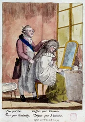 Revolución Francesa: Viñeta sobre la huida de la familia real a Varenne los días 20 y 21/06/1791: El rey Luis XVI estilando a la reina María Antonieta debía partir con el pasaporte falso de institutriz de los hijos de la baronesa de Korff. Colou anonyme