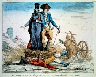 Revolución francesa: caricatura sobre los tres estamentos: «El tiempo pasa, los más útiles eran las multitudes a los pies». El clero y la nobleza (ejército) aplastan al tercer estado bajo el peso de los impuestos y las corveas. 1789, París, Museo