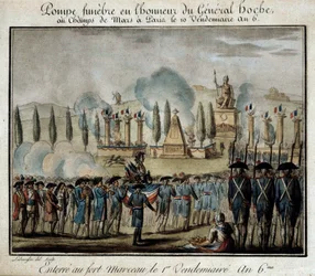 Revolución Francesa: ceremonia de pompa fúnebre en honor del General Lazare Hoche (1768-1797) en el Campo de Marte en París el 10 de Fructidor año 6. Grabado de 1797. Versalles, museo Lambinet