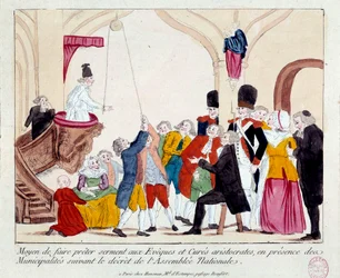 Revolución francesa: «Medio para hacer prestar juramento a los obispos y párrocos aristocráticos, en presencia de las municipalidades, conforme al decreto de la Asamblea Nacional». Se utiliza una polea para levantarles el brazo. Estampa popular del siglo