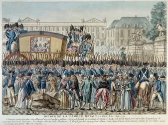 Revolución Francesa: "Regreso de la familia real a París el 25/06/1791" El cortejo cruza la plaza de la Concordia. Grabado de la escuela francesa de finales del siglo XVIII. París Museo Carnavalet