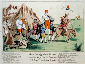 Revolución Francesa: un suplemento de refuerzos compuesto por miembros del clero lisiado fue enviado al ejército del Príncipe Luis V José de Borbón-Condé (1736-1818) estacionado en las orillas del Rin después de la emigración debido a la Revolución