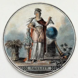 Revolución Francesa: alegoría de Egalite como una mujer que sostiene un cuadrado cerca de la república francesa, un cuerno de la abundancia. Finales del siglo XVIII París, B.N.
