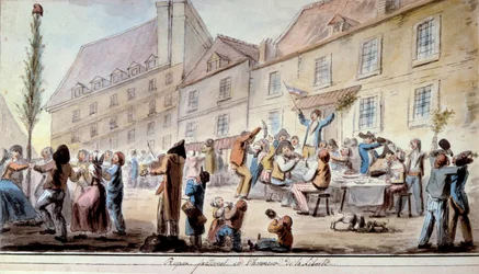 Revolución Francesa: comida fraternal en honor a la libertad en junio de 1793. Patriotas y parisinos celebrando la Libertad. El lema “Libertad, igualdad, fraternidad” apareció por primera vez en este período. Acuarela de 1793. París, Biblioteca del Arsenal