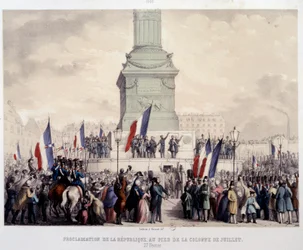 Revolución Francesa de 1848: proclamación de la Segunda República al pie de la columna de julio en la plaza de la Bastilla el 25/02/1848. Litografía del siglo XIX. París, Museo Carnavalet