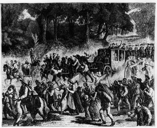 Revolución Francesa: la llegada de la familia real (Luis XVI y María Antonieta) a París, 5 de octubre de 1789 - grabado.