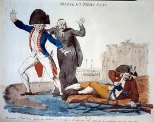Revolución francesa: el despertar del Tercer Estado. Caricatura sobre los tres estamentos. Se liberó de sus cadenas bajo los ojos asustados del ejército y de los eclesiásticos. Estampa francesa de 1789. París, B.N.