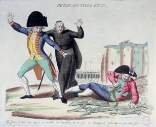 Revolución francesa: el despertar del Tercer Estado. Caricatura sobre los tres estamentos. Se liberó de sus cadenas ante los ojos asustados del ejército y los clérigos. Estampa francesa de 1789. París, Biblioteca Nacional.