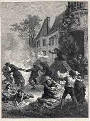 Revolución Francesa: los campesinos quemaron sus títulos feudales y bailaron alrededor del fuego para celebrar la abolición de los privilegios en agosto de 1789. Grabado de 1889. Colección privada
