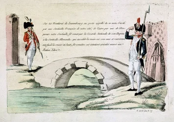 Aduaneros franceses y luxemburgueses saludándose amistosamente (cuestión de fronteras bajo la revolución), finales del XVIII