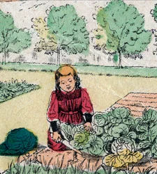 Creencia francesa: una niña, creyendo que los bebés nacen en coles o rosas, corta los brotes de un huerto - estampa de Épinal - siglo XIX
