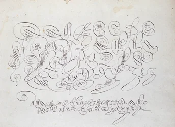 Caligrafía francesa: Placa de capital, grabado de Frisius, calcógrafo del rey por Robert Vignon en el jardín de la escritura alrededor de 1600.