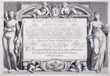 Caligrafía francesa: Poecilografía, frontispicio, por Baptiste de Beaugrand en 1606