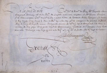 Caligrafía francesa: Recibo a favor de Bernard de Beaugrand entregado el 2 de julio de 1623. Biblioteca histórica de la ciudad de París